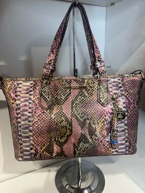 Brahmin Pink Multi Snake-Embossed Satchel